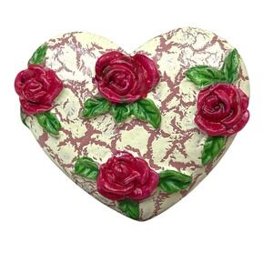 VTG Handpainted Terracotta Ceramic Heart Lapel Pin Brooch Floral Red Roses 1.5in